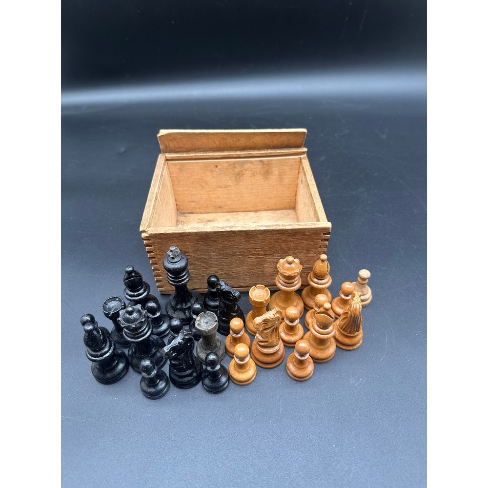 Vintage Incomplete Staunton Chess Pieces Wood Set Black Natural Storage Box